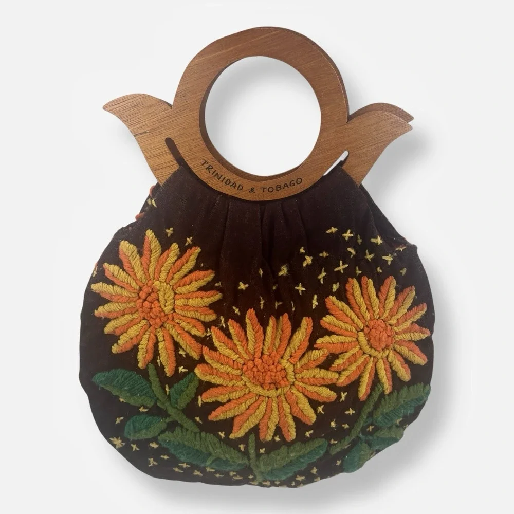 Vintage Tote Bag Boho Floral Brown Fabric Wood Handles‎ Embroidered Flowers